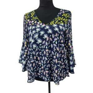 Nanette Lepore Women Blouse Size Medium Blue Yellow Floral Vneck 3/4 Bell Sleeve